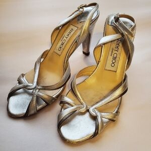 Jimmy choo  silver ankle strap sandals.  36 1/2. Flawed gem